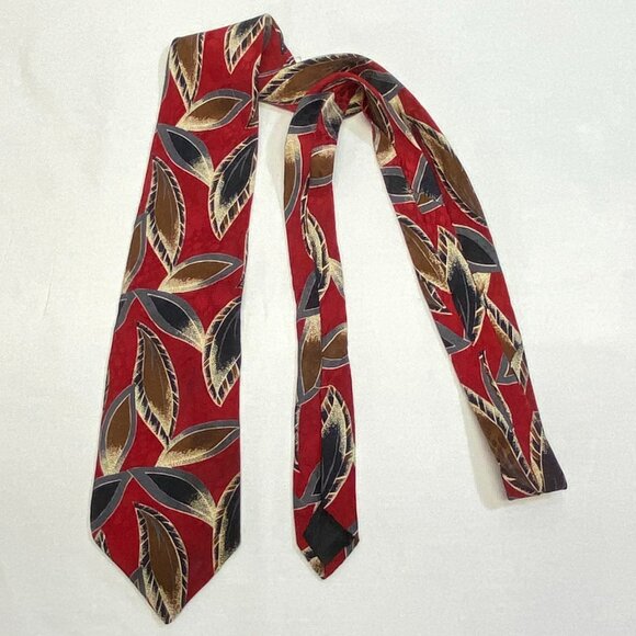 Ferrell Reed for Nordstrom Hand Sewn USA Wide Silk Neck Tie Red Grey Leaves - Picture 2 of 5